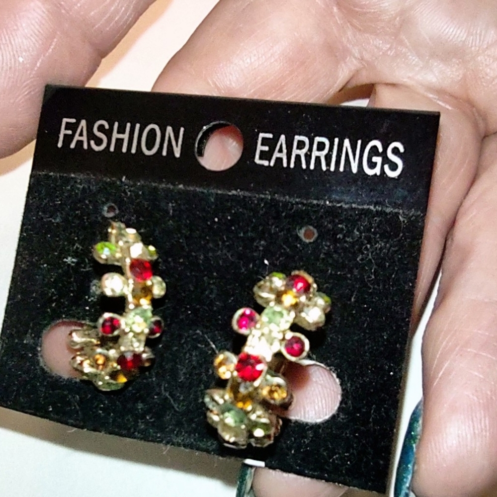 Vintage Multi-colored Crystal Earrings Goldtone